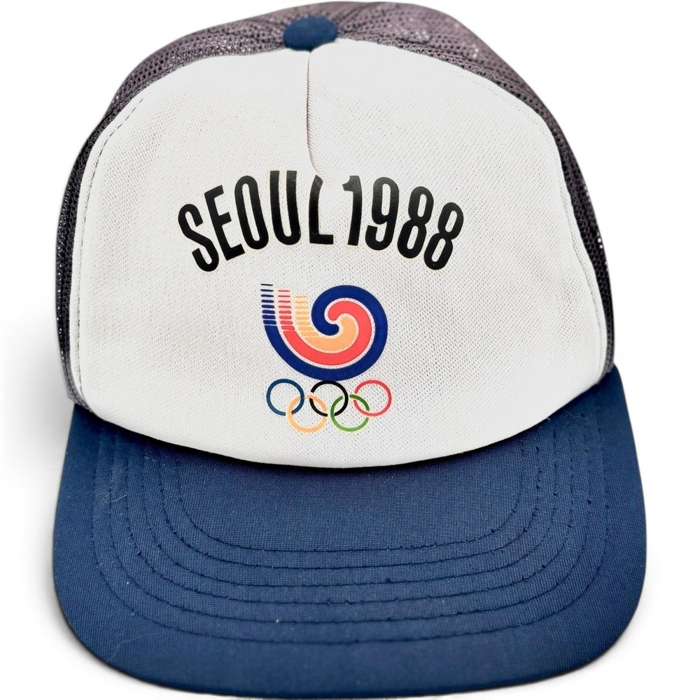 Vintage Seoul 1988 Olympics Mesh Snapback Trucker Hat Blue White Promotional 80s
